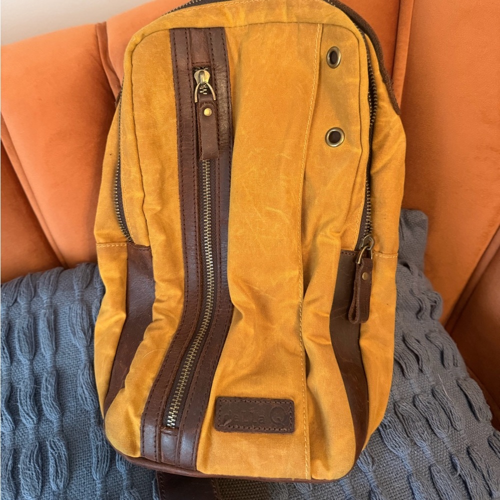 Mustard Canvas Crossbody Sling with Brown Trim